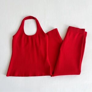 WAYF Kristi Rib Halter Top (M) + Elody Rib Knit Midi Skirt (S) | Red | NWT